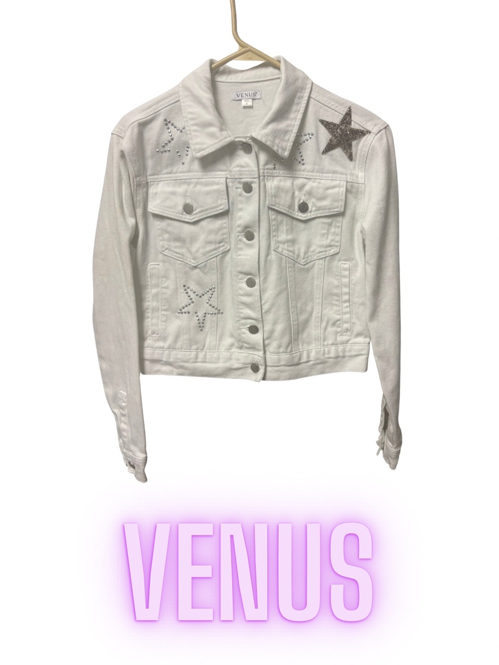 VENUS White Denim Jacket with Star Stud Embellishments